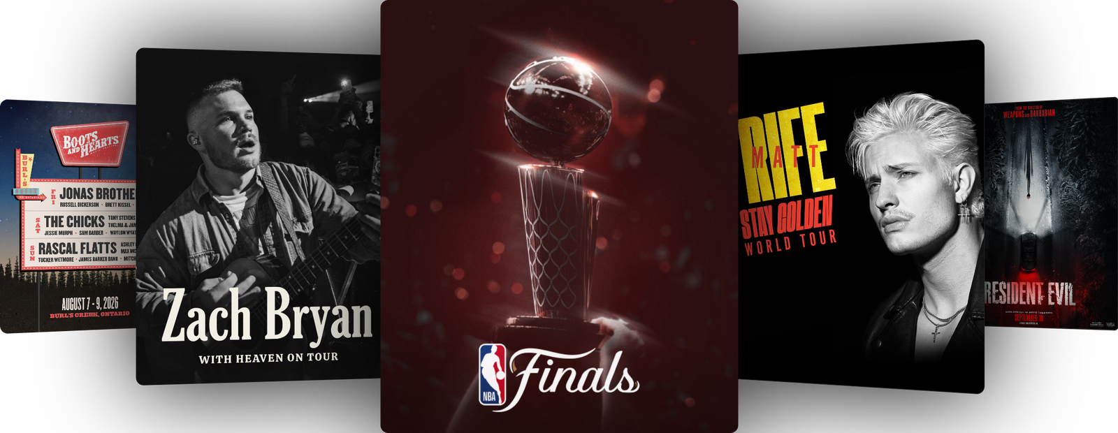 Featured Fanpass events — Boots & Hearts, Zach Bryan, NBA Finals, Matt Rife, Resident Evil